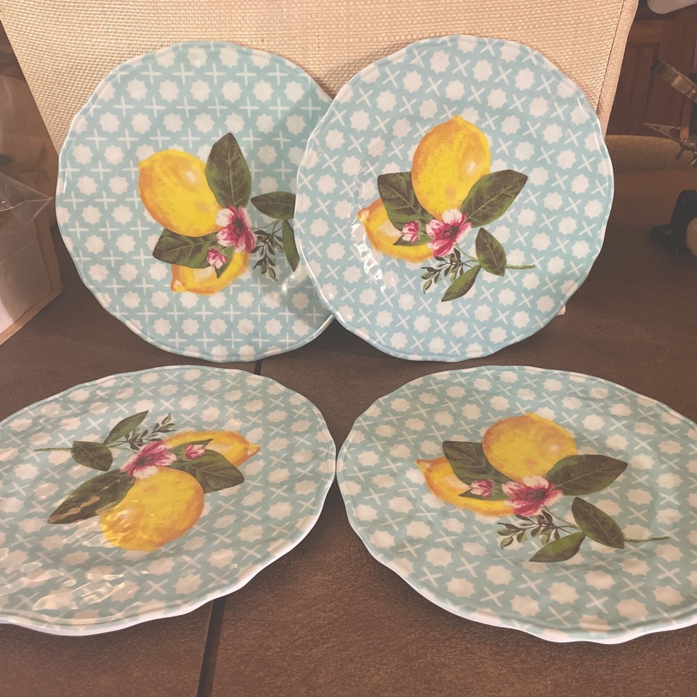 4 Simply Shabby Chic 9" Salad Luncheon Plates Lemon Floral Melamine picnic set